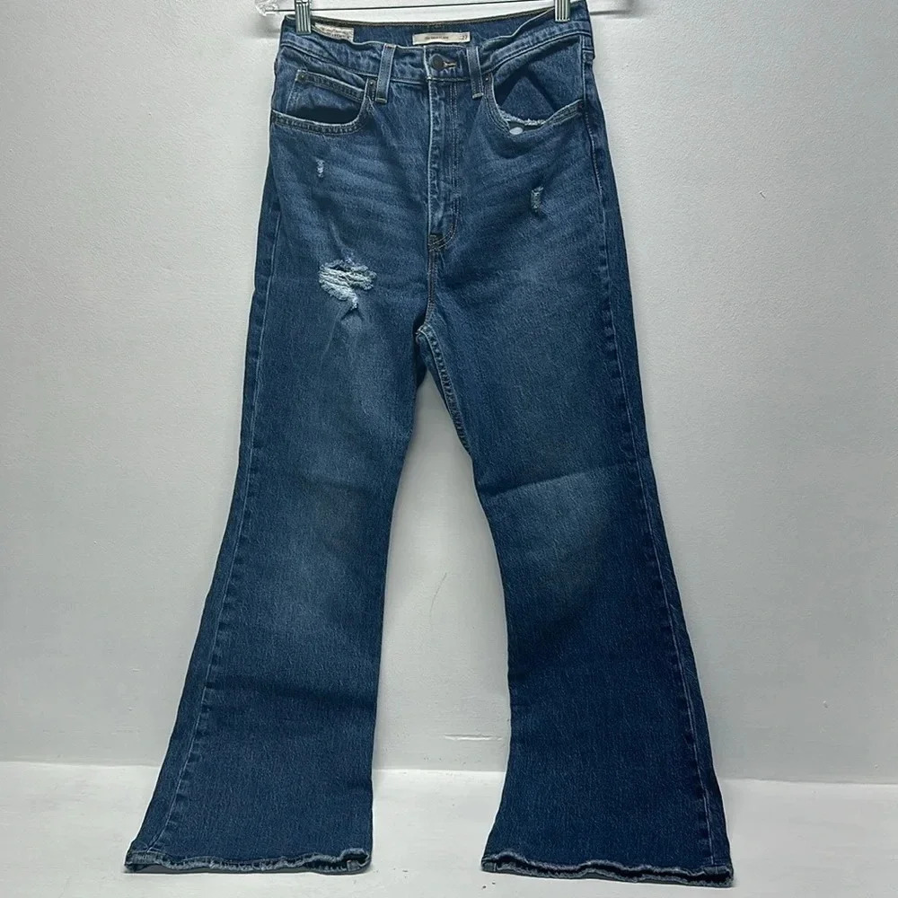 Levis Denim Jeans 70s High Rise Flare Leg Distressed Blue 31" Women's Size 27